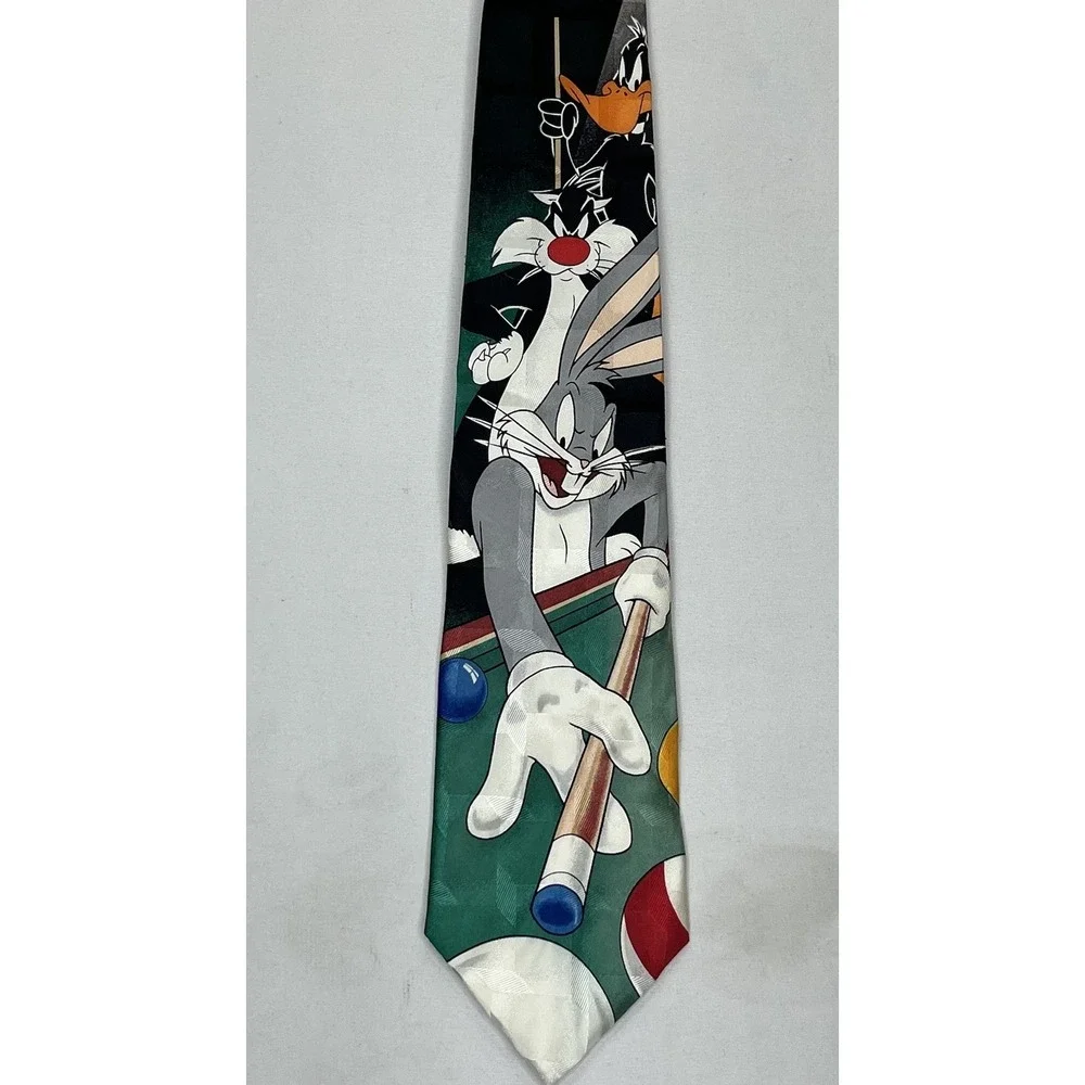Vintage Looney Tunes Mania Silk Neck Tie Bugs Bunny Pool Billiards Cartoon USA